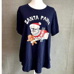 Santa Paws Pug Dog Christmas Holiday Blue Women's T-Shirt NEW Size XL
